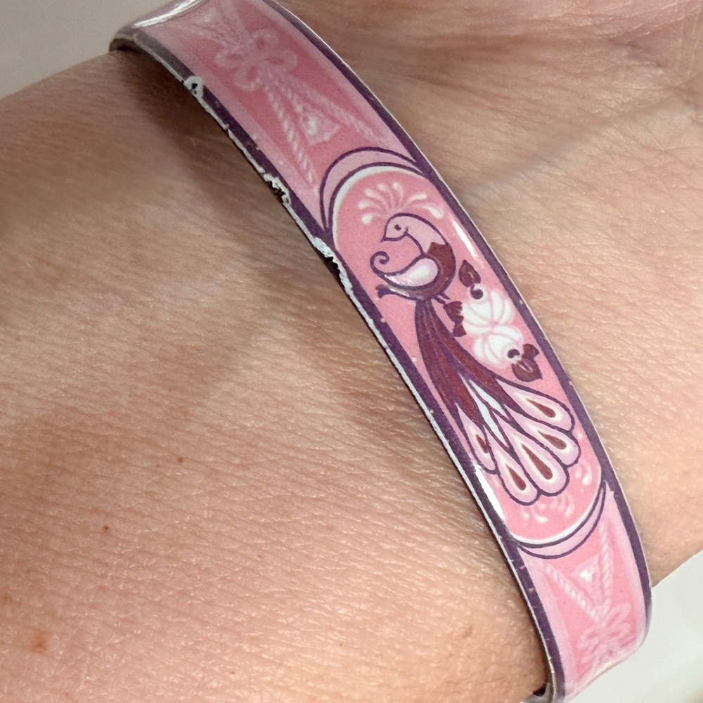 Vintage Michaela Frey Enamel Bangle Bracelet Pink Austria 7.75 FLAW